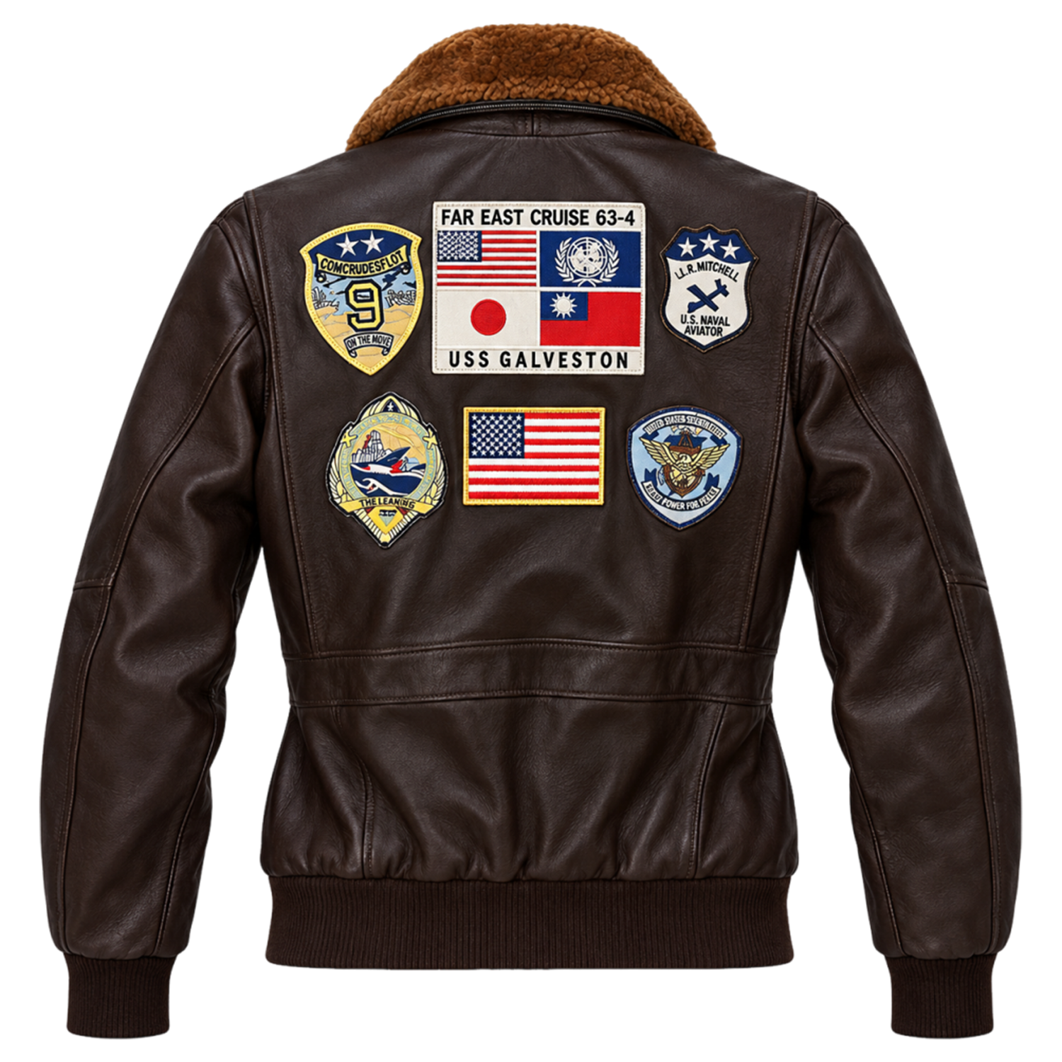 Women's Top Gun Maverick Inspired Bomber Jacket – Brown Leather Aviator Jacket with Aviation Patches and Plush Collar, Cosplay Costume