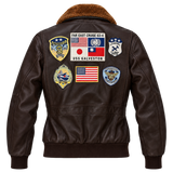 Women's Top Gun Maverick Inspired Bomber Jacket – Brown Leather Aviator Jacket with Aviation Patches and Plush Collar, Cosplay Costume