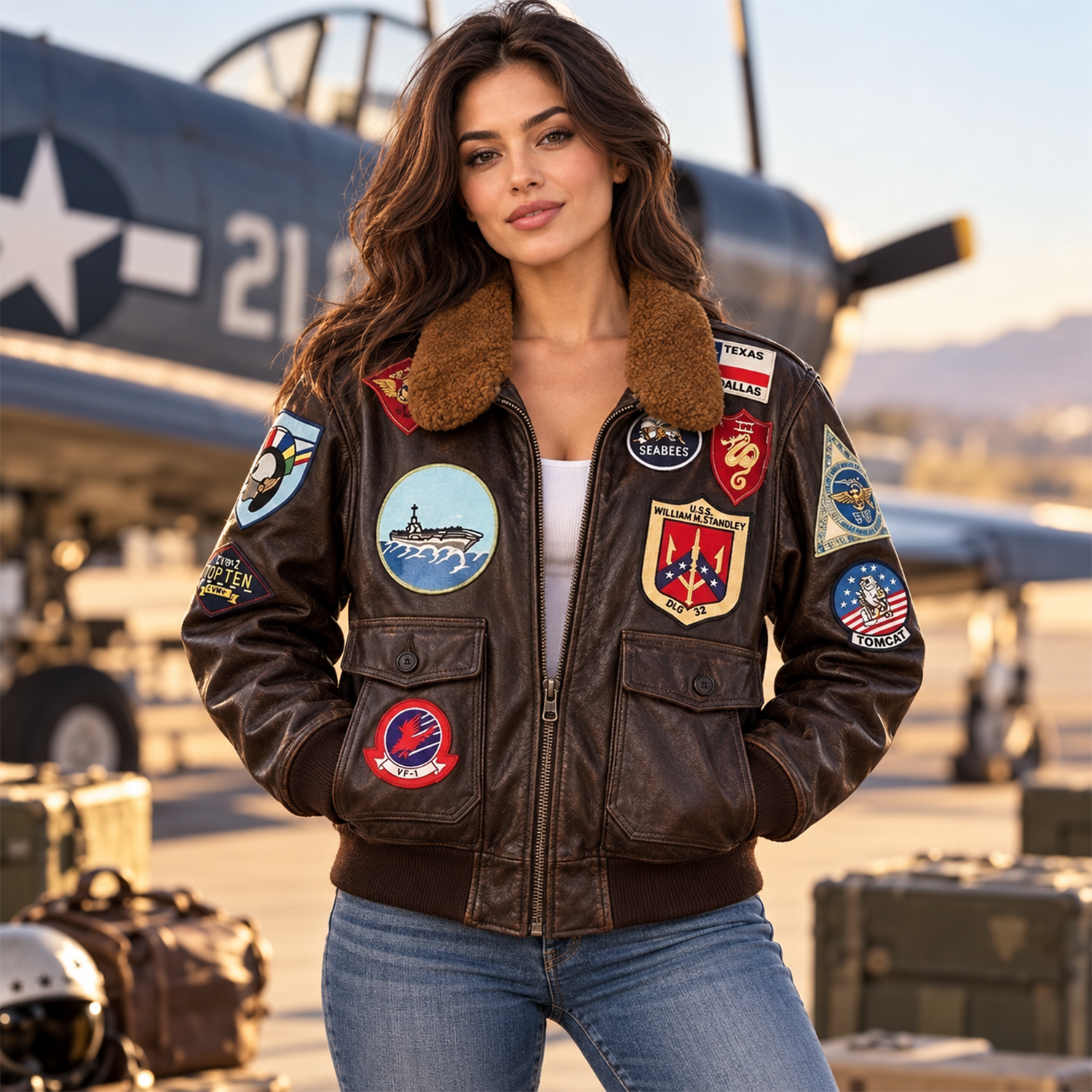 Women's Top Gun Maverick Inspired Bomber Jacket – Brown Leather Aviator Jacket with Aviation Patches and Plush Collar, Cosplay Costume