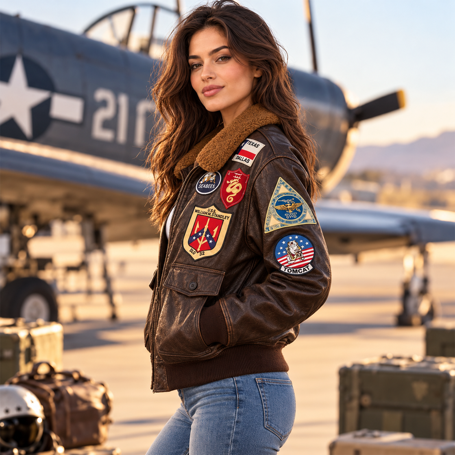 Women's Top Gun Maverick Inspired Bomber Jacket – Brown Leather Aviator Jacket with Aviation Patches and Plush Collar, Cosplay Costume