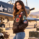 Women's Top Gun Maverick Inspired Bomber Jacket – Brown Leather Aviator Jacket with Aviation Patches and Plush Collar, Cosplay Costume