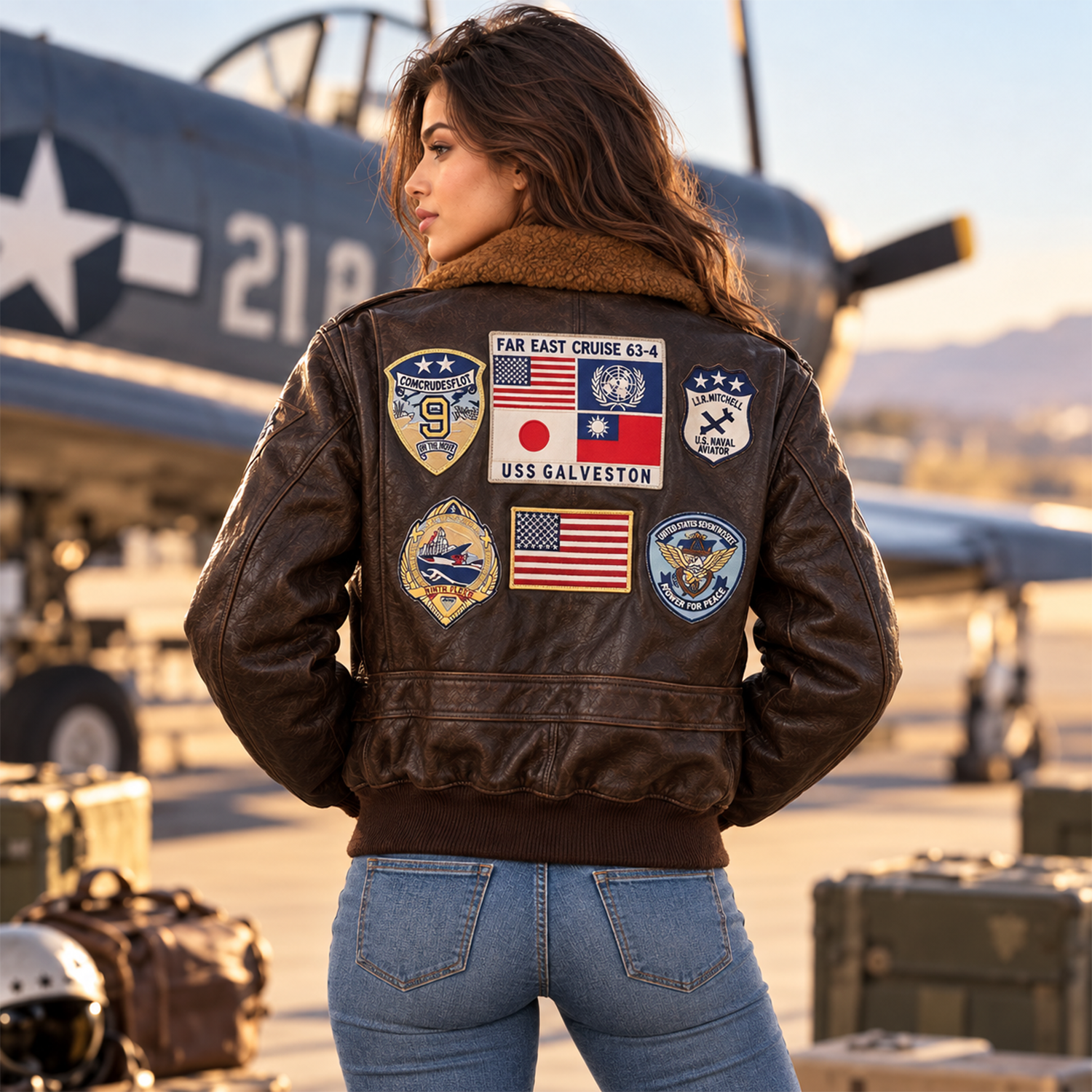 Women's Top Gun Maverick Inspired Bomber Jacket – Brown Leather Aviator Jacket with Aviation Patches and Plush Collar, Cosplay Costume