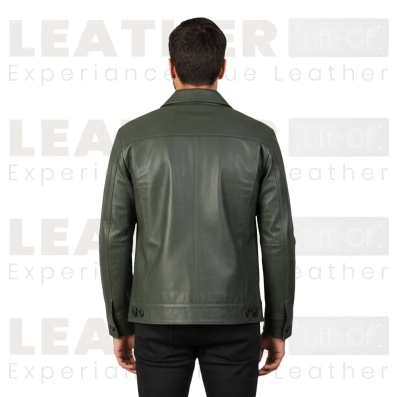 Men’s Olive Green Leather Trucker Jacket – Classic Button Front Leather Shirt Jacket