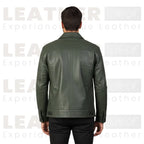 Men’s Olive Green Leather Trucker Jacket – Classic Button Front Leather Shirt Jacket
