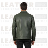 Men’s Olive Green Leather Trucker Jacket – Classic Button Front Leather Shirt Jacket