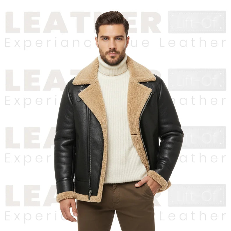 Men's Black Shearling Collar Leather Jacket – Winter B3 Bomber