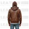 Men’s Brown Hooded Leather Bomber Jacket – Removable Hoodie, Multi-Pocket Design