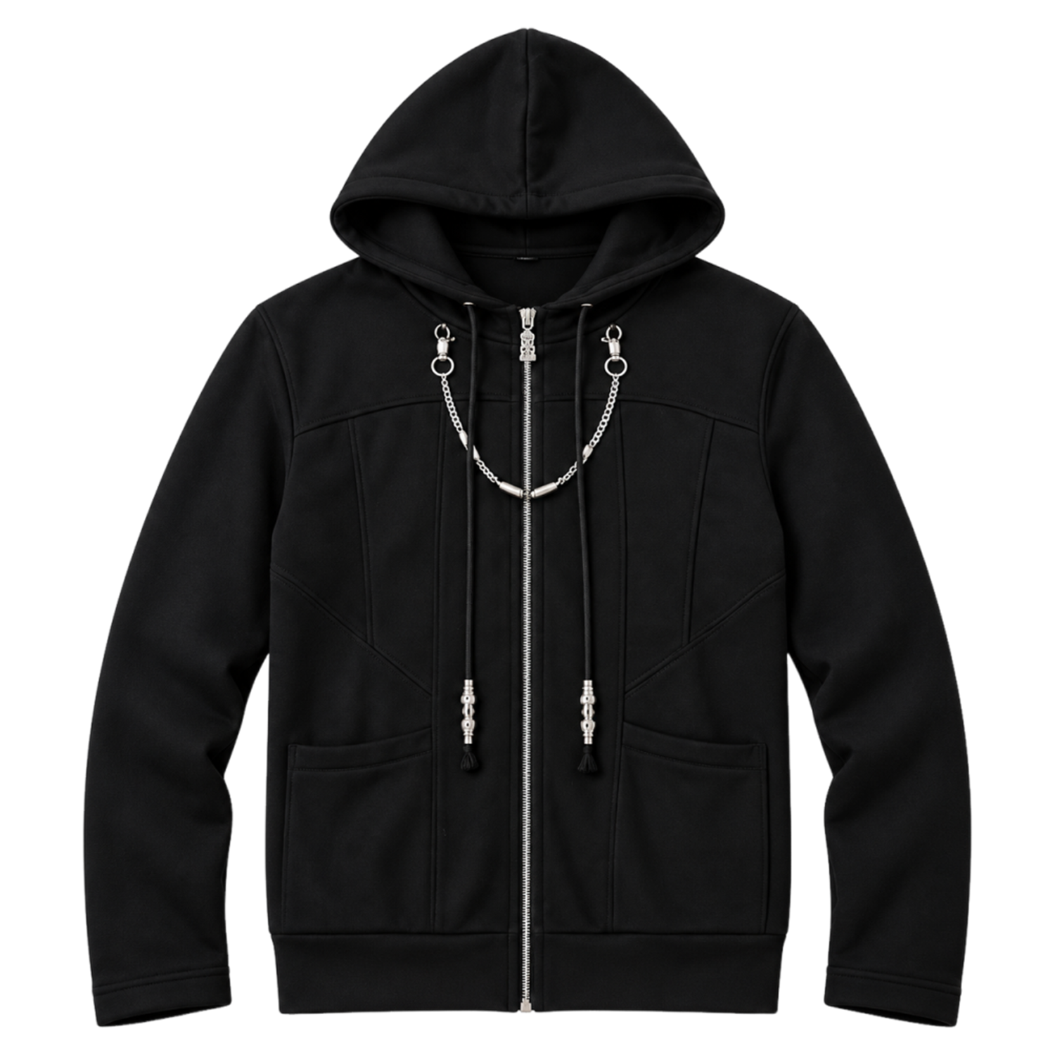 Men's Kingdom Hearts Organization XIII Inspired Hoodie – Black Cotton Zip-Up Cosplay Jacket with Silver Chest Chain, Short Length, Roxas Axel Costume