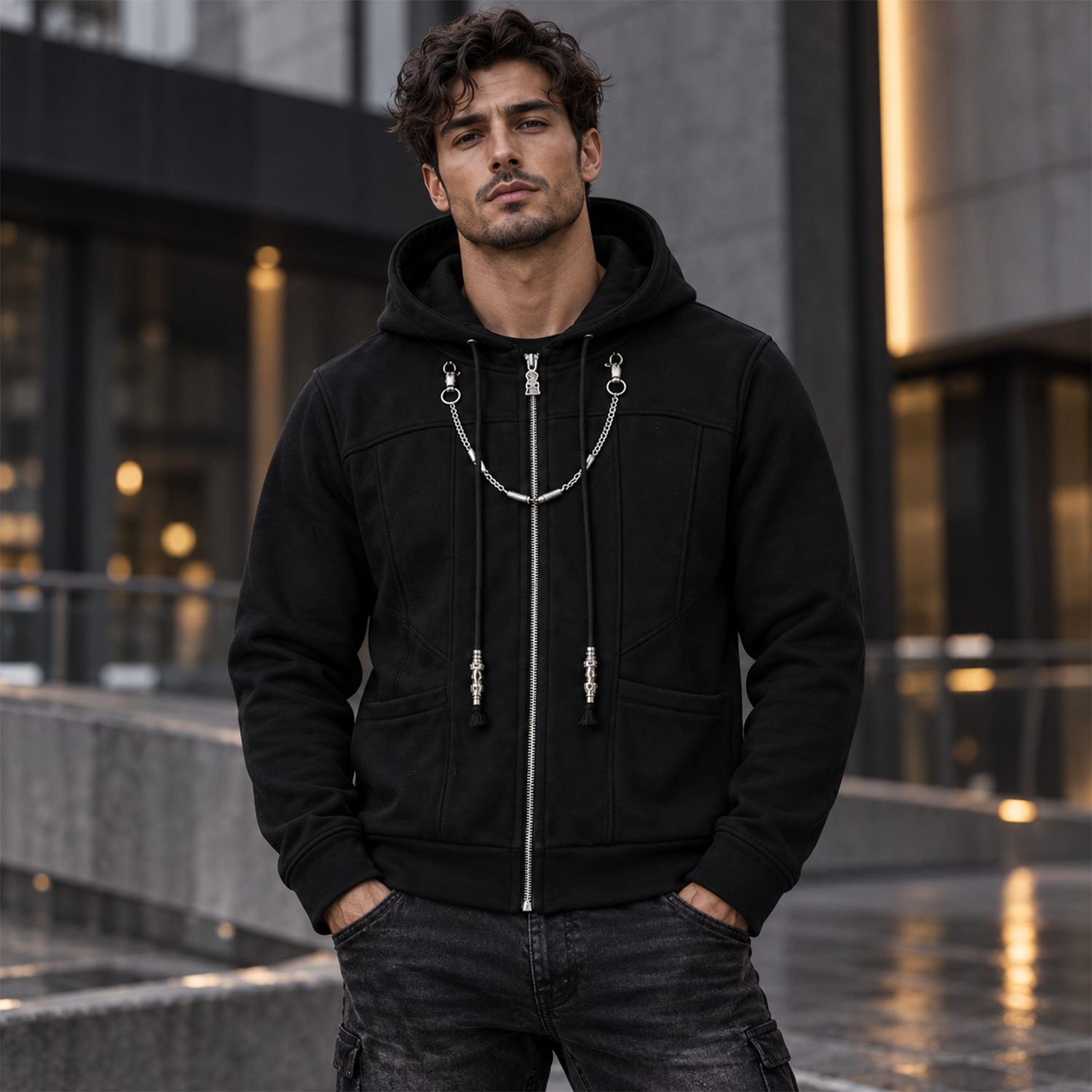 Men's Kingdom Hearts Organization XIII Inspired Hoodie – Black Cotton Zip-Up Cosplay Jacket with Silver Chest Chain, Short Length, Roxas Axel Costume