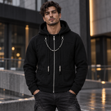 Men's Kingdom Hearts Organization XIII Inspired Hoodie – Black Cotton Zip-Up Cosplay Jacket with Silver Chest Chain, Short Length, Roxas Axel Costume