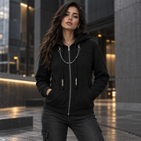 Women's Kingdom Hearts Organization XIII Inspired Hoodie – Black Cotton Cosplay Jacket with Silver Chest Chain and Zip Front, Larxene Xion Costume