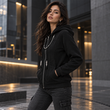 Women's Kingdom Hearts Organization XIII Inspired Hoodie – Black Cotton Cosplay Jacket with Silver Chest Chain and Zip Front, Larxene Xion Costume