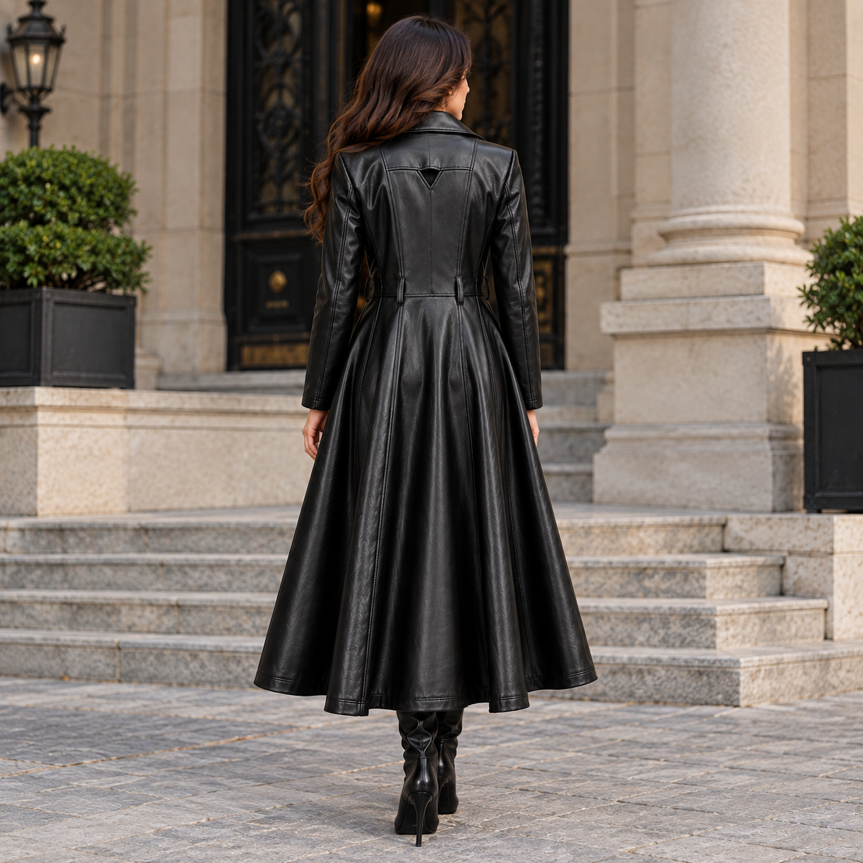 Women’s Black Leather Long Coat Gothic Elegance with a Fitted Waist & Flared Hem