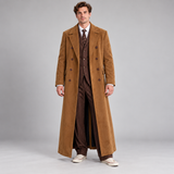 Men's Camel Brown Double Breasted Long Coat – Cotton Ankle Length Overcoat with Wide Notched Lapels, Vintage Inspired