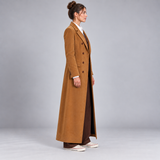 Women's Camel Brown Double Breasted Maxi Coat – Cotton Ankle Length Long Overcoat with Wide Notched Lapels, Vintage Inspired