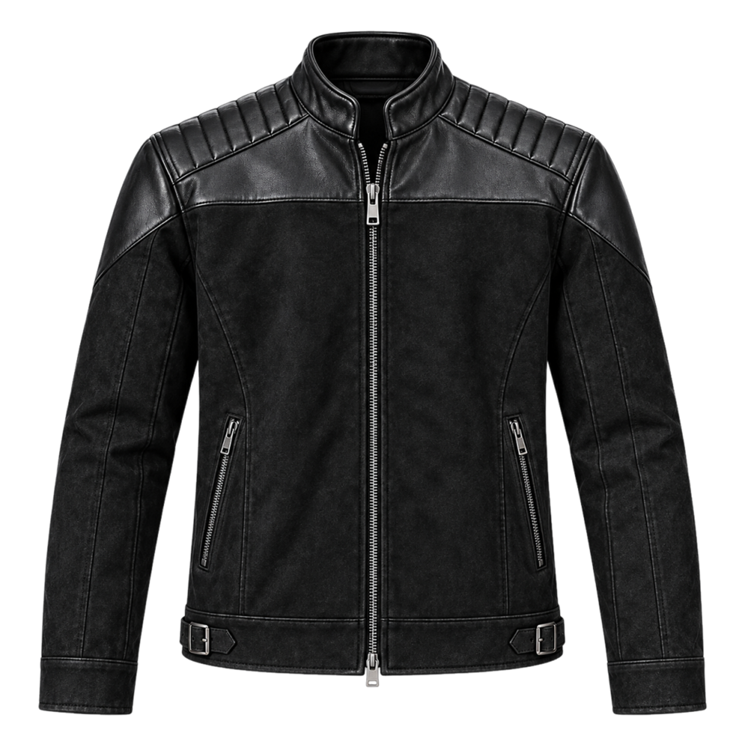 Men's Black Distressed Leather Moto Jacket – Biker Jacket with Quilted Shoulders, Stand Collar, Zip Pockets and Buckled Waist Straps