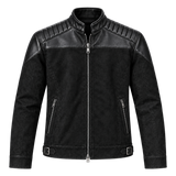 Men's Black Distressed Leather Moto Jacket – Biker Jacket with Quilted Shoulders, Stand Collar, Zip Pockets and Buckled Waist Straps