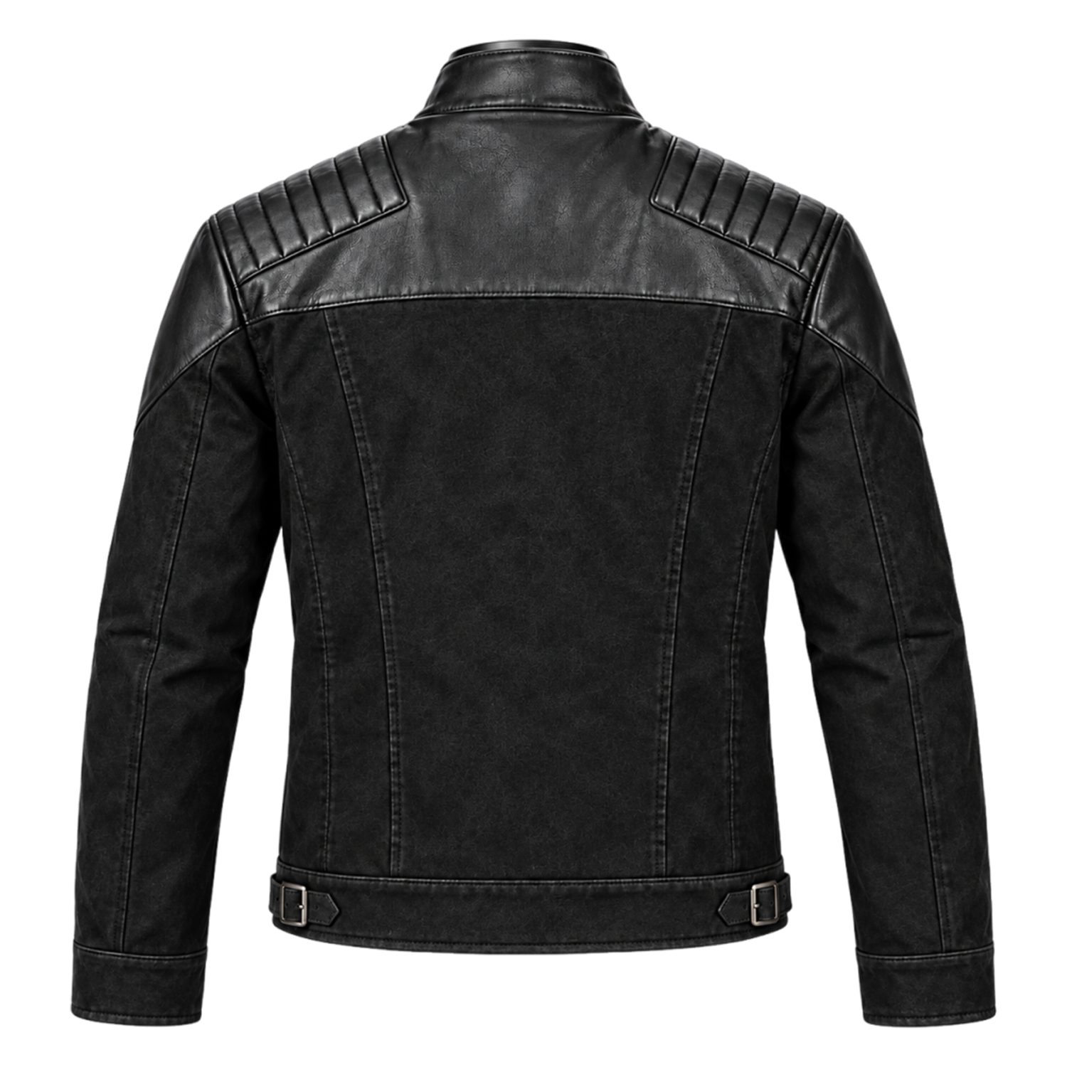 Men's Black Distressed Leather Moto Jacket – Biker Jacket with Quilted Shoulders, Stand Collar, Zip Pockets and Buckled Waist Straps