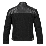 Men's Black Distressed Leather Moto Jacket – Biker Jacket with Quilted Shoulders, Stand Collar, Zip Pockets and Buckled Waist Straps