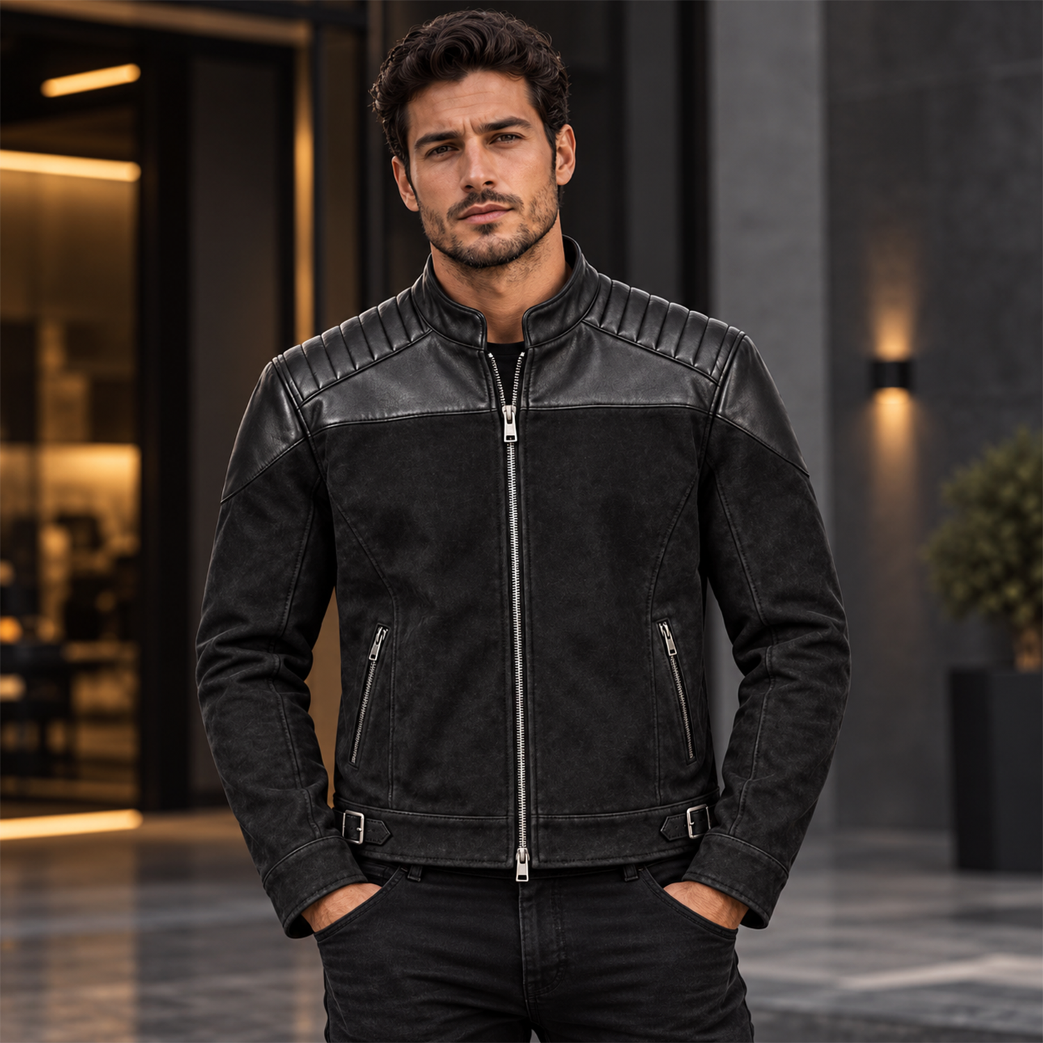 Men's Black Distressed Leather Moto Jacket – Biker Jacket with Quilted Shoulders, Stand Collar, Zip Pockets and Buckled Waist Straps