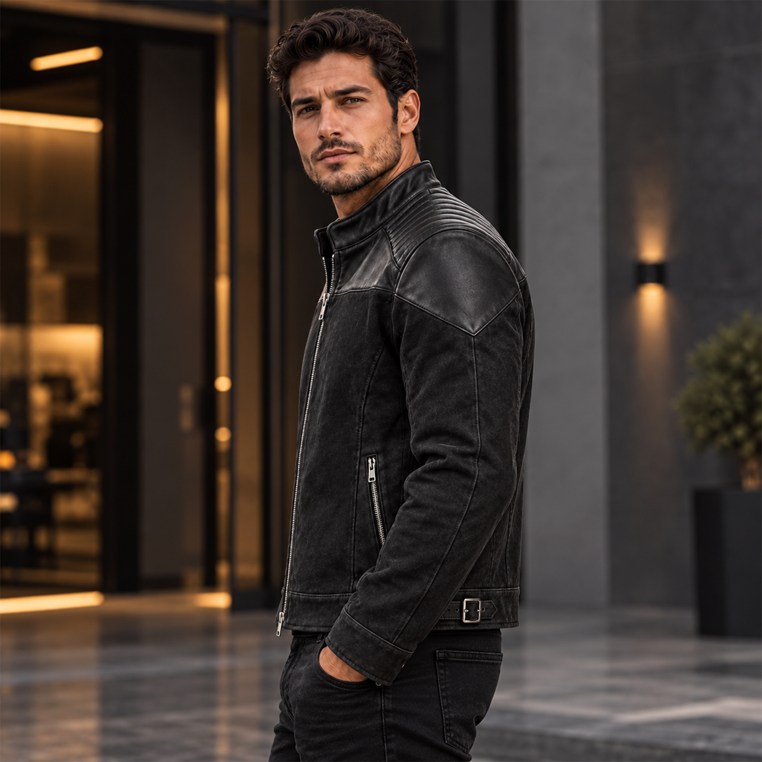 Men's Black Distressed Leather Moto Jacket – Biker Jacket with Quilted Shoulders, Stand Collar, Zip Pockets and Buckled Waist Straps