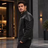 Men's Black Distressed Leather Moto Jacket – Biker Jacket with Quilted Shoulders, Stand Collar, Zip Pockets and Buckled Waist Straps