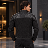 Men's Black Distressed Leather Moto Jacket – Biker Jacket with Quilted Shoulders, Stand Collar, Zip Pockets and Buckled Waist Straps