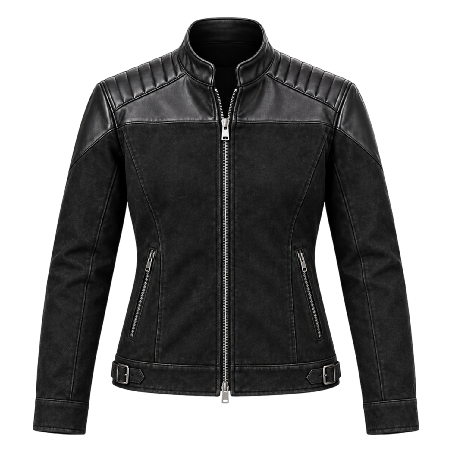 Women's Black Distressed Leather Moto Jacket – Biker Jacket with Quilted Shoulders, Stand Collar and Buckled Waist Straps