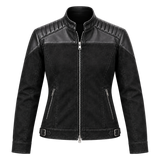 Women's Black Distressed Leather Moto Jacket – Biker Jacket with Quilted Shoulders, Stand Collar and Buckled Waist Straps