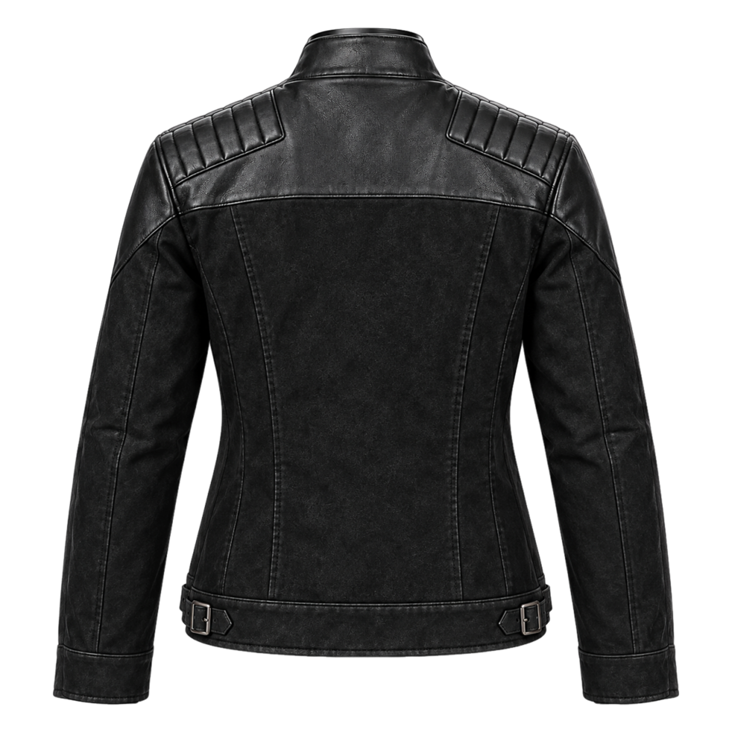 Women's Black Distressed Leather Moto Jacket – Biker Jacket with Quilted Shoulders, Stand Collar and Buckled Waist Straps