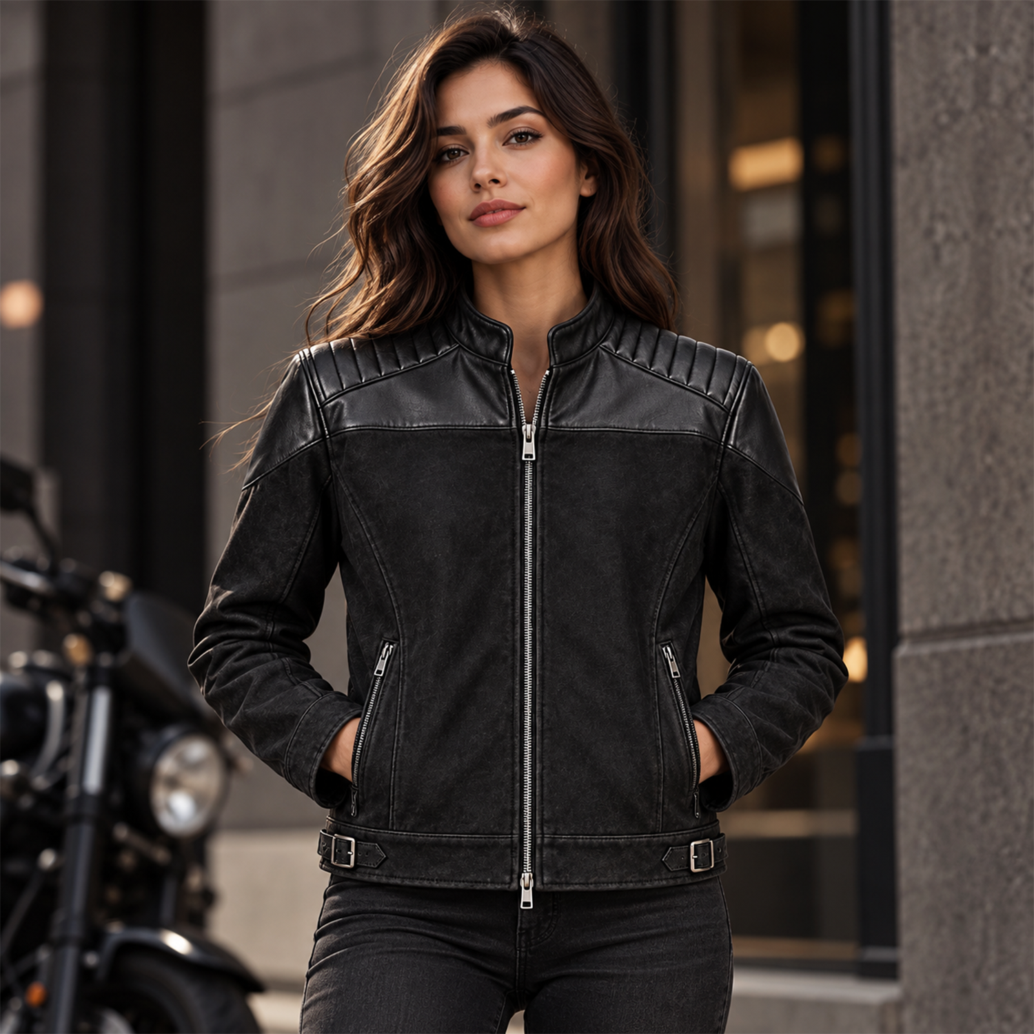 Women's Black Distressed Leather Moto Jacket – Biker Jacket with Quilted Shoulders, Stand Collar and Buckled Waist Straps