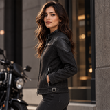 Women's Black Distressed Leather Moto Jacket – Biker Jacket with Quilted Shoulders, Stand Collar and Buckled Waist Straps