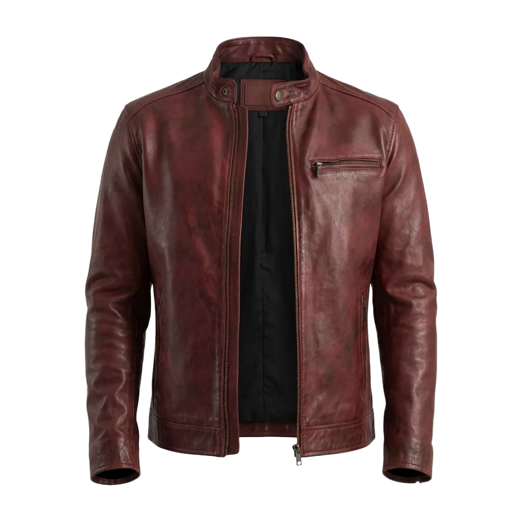 Alex Burgundy Stand Collar Leather Moto Jacket