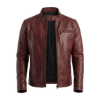 Alex Burgundy Stand Collar Leather Moto Jacket