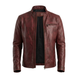Alex Burgundy Stand Collar Leather Moto Jacket