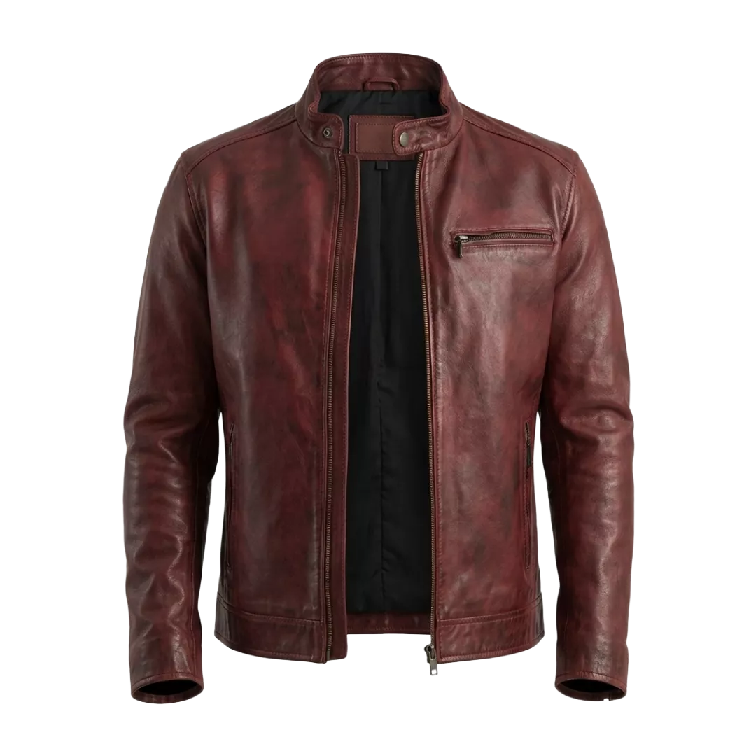 Alex Burgundy Stand Collar Leather Moto Jacket