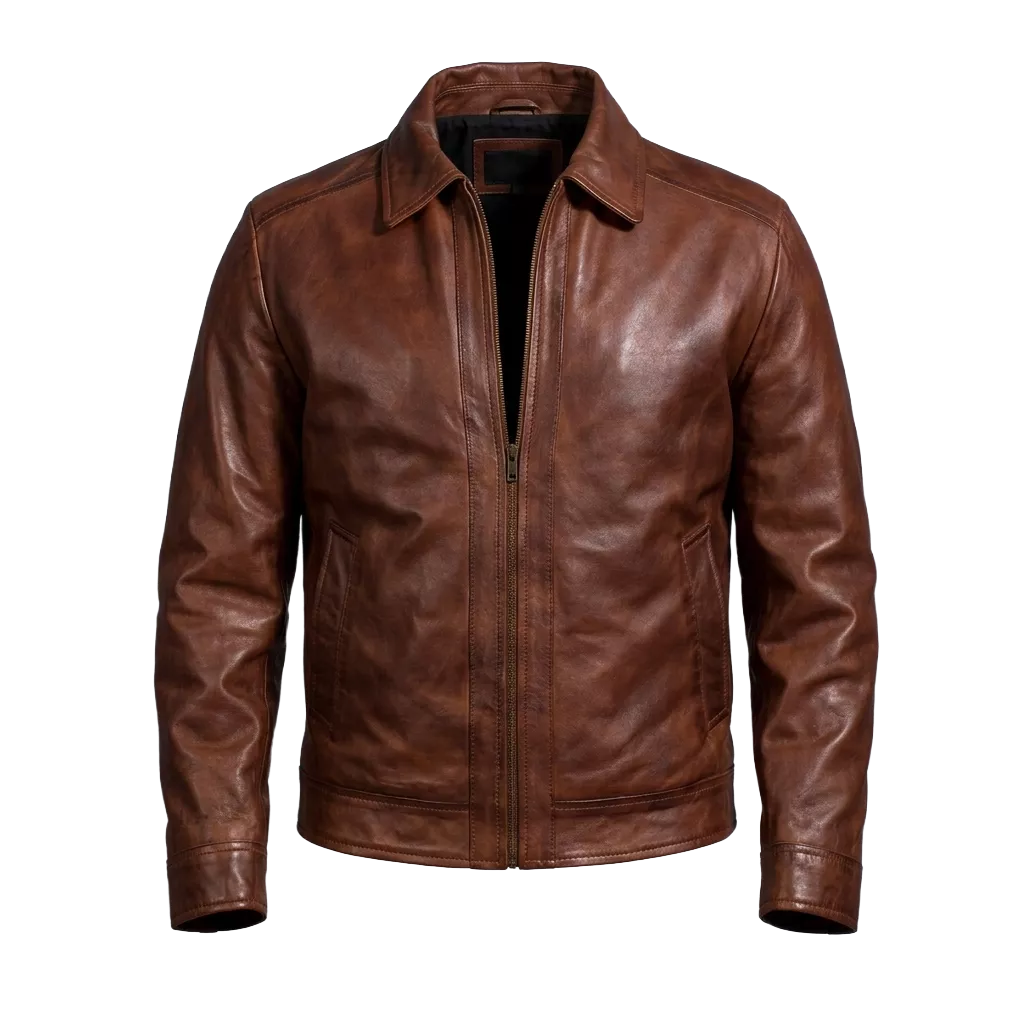 Blouson en cuir marron vintage pour homme – Blouson décontracté zippé en cuir véritable classique