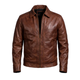 Blouson en cuir marron vintage pour homme – Blouson décontracté zippé en cuir véritable classique