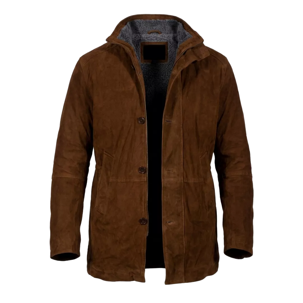 Men’s Brown Suede Leather Coat With Sherpa Lining – Winter Hooded Leather Jacket