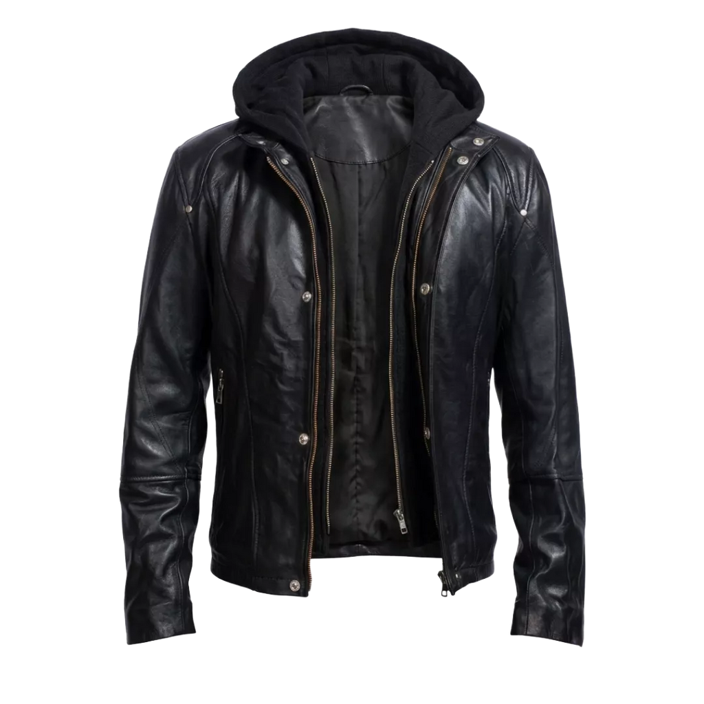 Men’s Black Hooded Leather Jacket – Casual Zip-Up Motorcycle Leather Jacket With Removable Hood