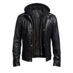 Men’s Black Hooded Leather Jacket – Casual Zip-Up Motorcycle Leather Jacket With Removable Hood