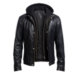 Men’s Black Hooded Leather Jacket – Casual Zip-Up Motorcycle Leather Jacket With Removable Hood