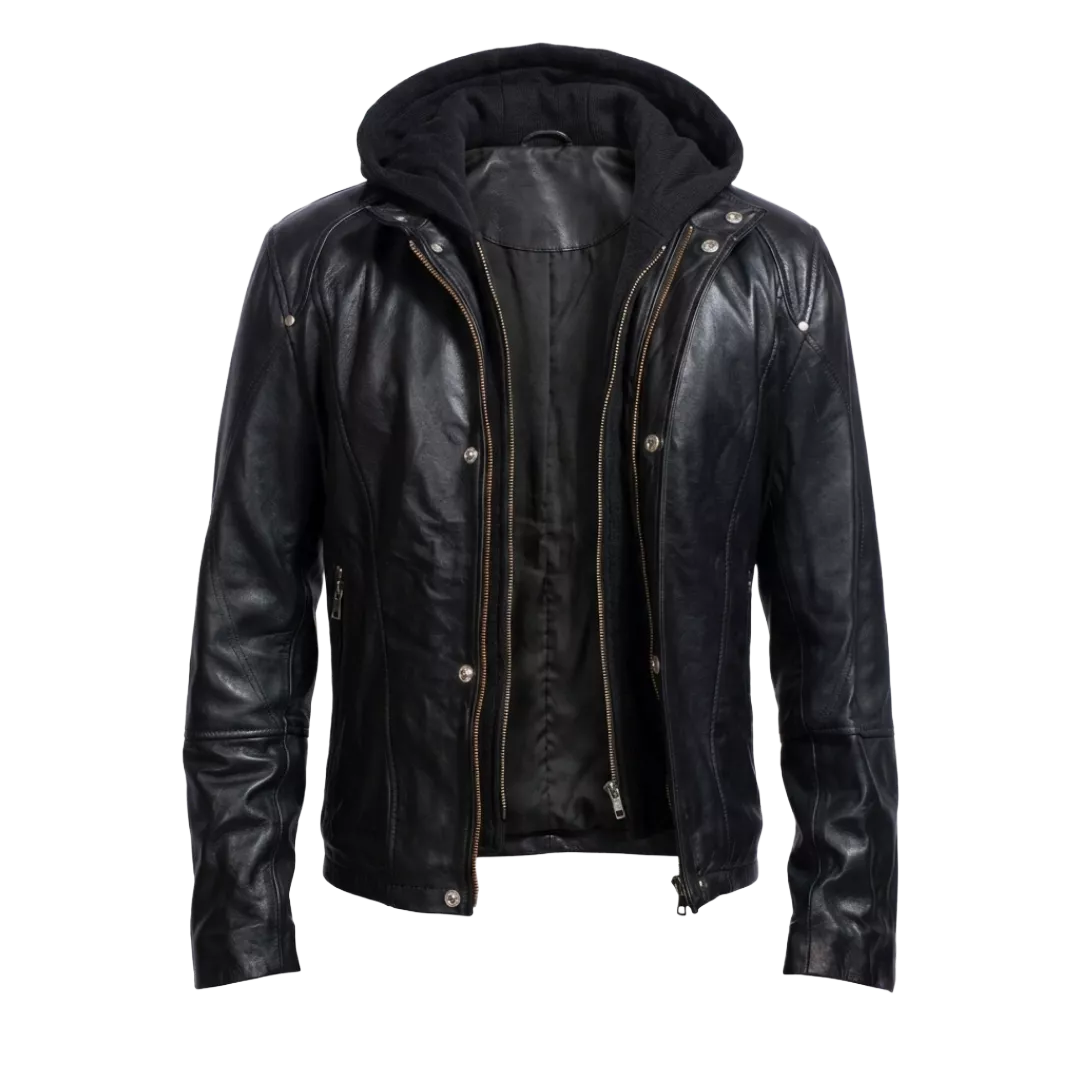 Men’s Black Hooded Leather Jacket – Casual Zip-Up Motorcycle Leather Jacket With Removable Hood