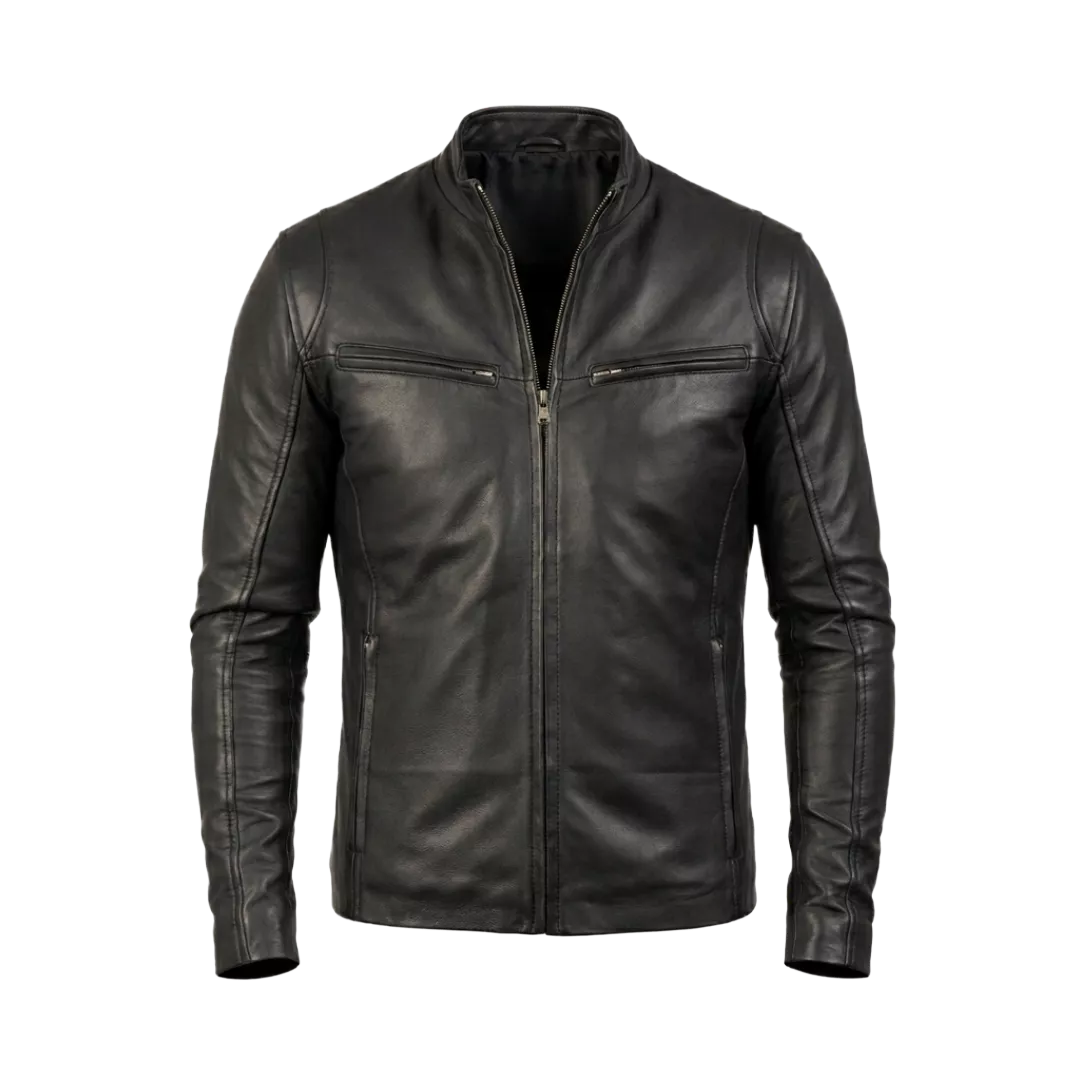 Herren Biker Lederjacke Schwarz, Echte Leder Cafe Racer Jacke, Motorradjacke für Herren, Minimalistische Biker Leder Mantel, Klassische Schwarze Leder Oberbekleidung, Geschenk für Ihn