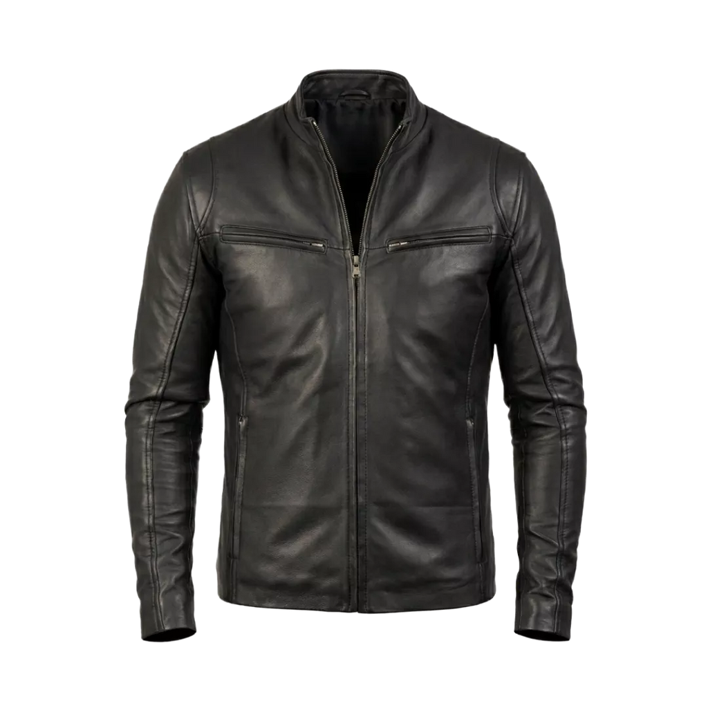 Men's Black Leather Jacket, Genuine Leather Cafe Racer Jacket, Motorcycle Jacket for Men, Minimalist Biker Leather Coat, Classic Black Leather Outerwear, Gift for Him