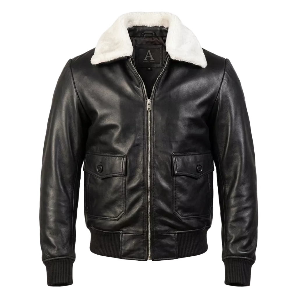 Men’s Black Leather Bomber Jacket With White Sherpa Collar – Classic Winter Aviator Jacket