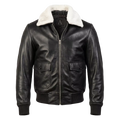 Men’s Black Leather Bomber Jacket With White Sherpa Collar – Classic Winter Aviator Jacket