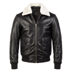 Men’s Black Leather Bomber Jacket With White Sherpa Collar – Classic Winter Aviator Jacket