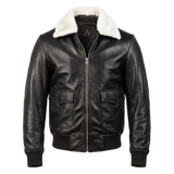 Men’s Black Leather Bomber Jacket With White Sherpa Collar | Classic Winter Aviator Jacket