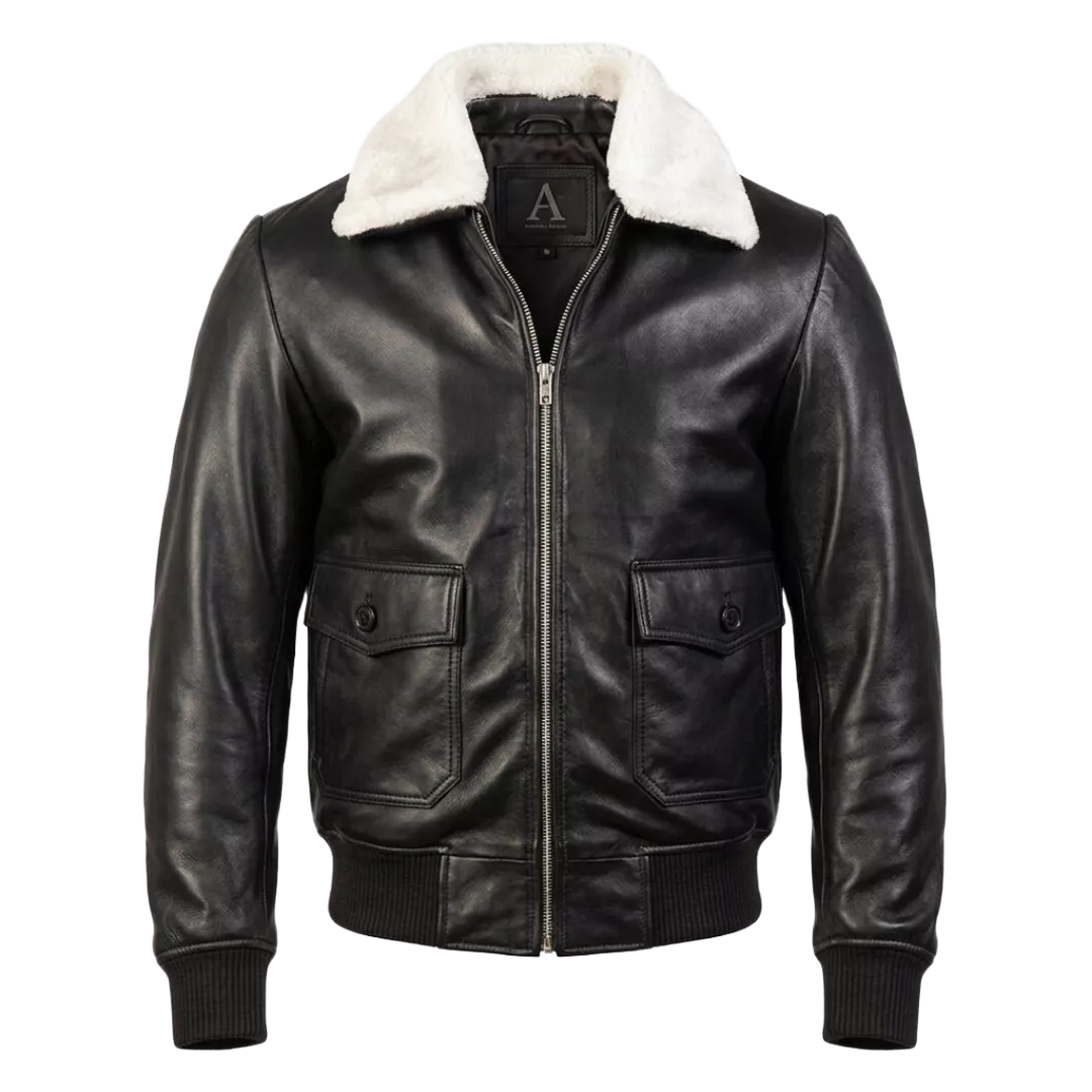 Men’s Black Leather Bomber Jacket With White Sherpa Collar – Classic Winter Aviator Jacket